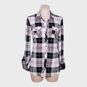 Warehouse One Plaid Flannel Button-Up Shirt with Roll‎ Tab Sleeves